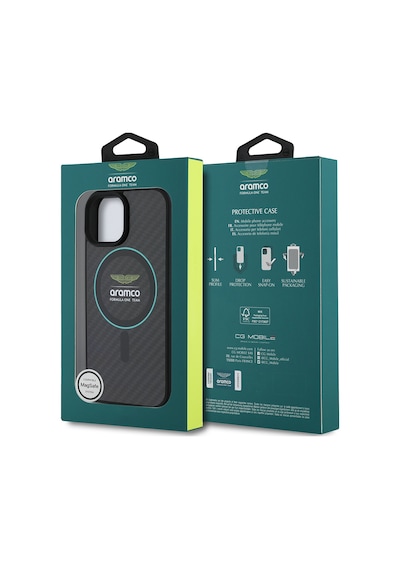 Apple Uyumlu iPhone 15 Kılıf Aston Martin Lisanslı M-safe Renkli Halka Ve Karbon Fiber Kapak Siyah-yeşil Siyah - Yeşil