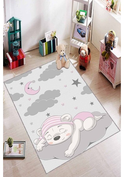 Pembe Kaymaz Tabanlı Yıkanabilir Ayıcıklı Bebek Halısı Ar356n11