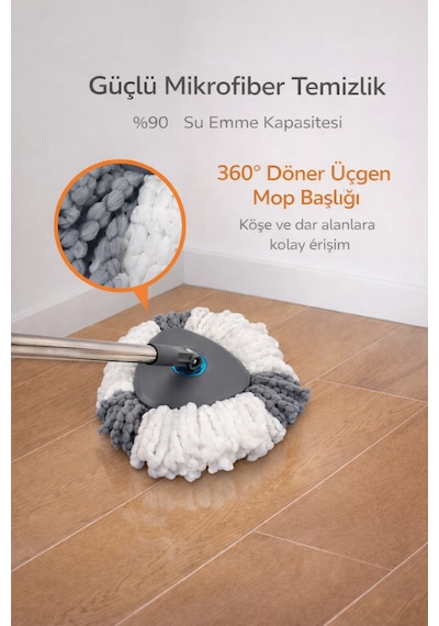 Pedallı Otomatik Mop Temizlik Seti 360 Döner Başlıklı 2 Adet Mikrofiber Bez