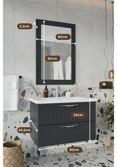 Erguvan Gümüş Kulp Antrasit 80 Cm %100 Mdf Lavabolu Banyo Dolabı Ayna Antrasit
