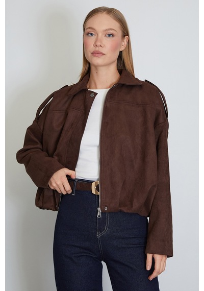 Fullamoda Fermuarlı Polo Yaka Süet Bomber Ceket Kahve