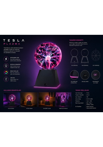 Usb Li Plazma Tesla Küre Işıklı Cam Dekoratif Lamba Dokunmatik Gece Lambası Siyah