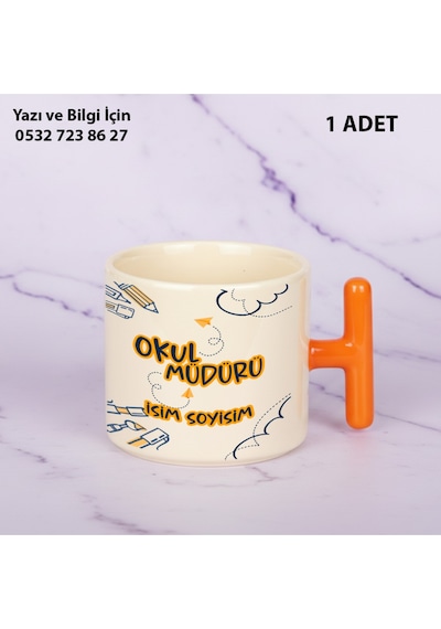 Okul Müdürü Tasarımı Öğretmenler Günü İçin Kişiye Özel İsim Baskılı T Kupa Bardak Öğretmenehediyelik Turuncu