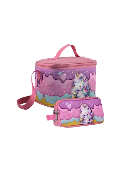 Cennec Kız Çocuk Dondurma Yiyen Unicorn Desenli Mor Pembe Beslenme Çantası Ve Kalemlik Seti Mor - Pembe