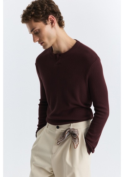 Antioch Tek Düğme Fitilli Uzun Kollu T-shirt Bordo