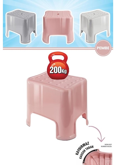 Flora Herkül Banyo Taburesi, Kaydırmaz Kauçuk Tabanlı 200 Kg Taşıma Kapasiteli Lüks Tabure Pembe