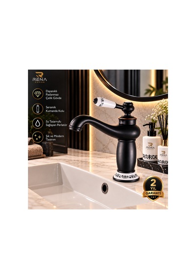 Rena Design Rustik Siyah Lavabo Bataryası Banyo Musluğu Eskitme Porselen Işleme Armatür Otantik Retro