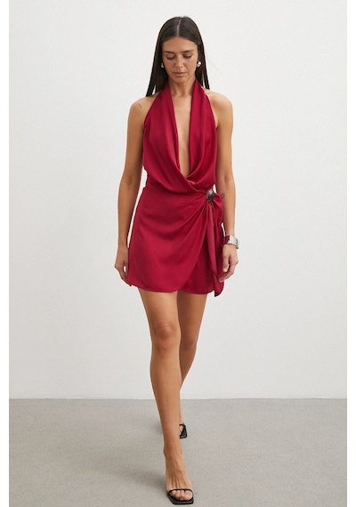 Uterpe Halter Yaka Derin V Dekolteli Mini Elbise Bordo