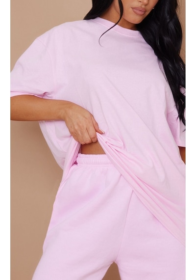Düz Süprem T-shirt - Pembe Oversize Bisiklet Yaka Kısa Kol Tişört Pembe