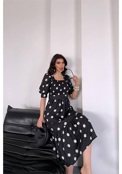 Neşeli Butik Kadın Kemerli Kare Yaka Çiçekli Midi Boy Elbise Nbks4104 Siyah