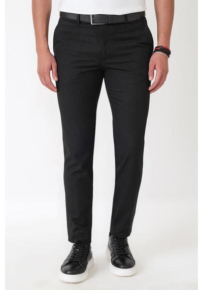 Slim Fit Yan Cepli Esnek Yünlü Siyah Çizgili Pantolon P 1236