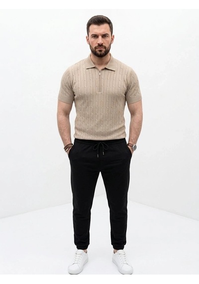 Erkek Yazlık Triko Saç Örgü Tişört Kısa Kol Polo Yaka Fermuarlı T-shirt - Bej