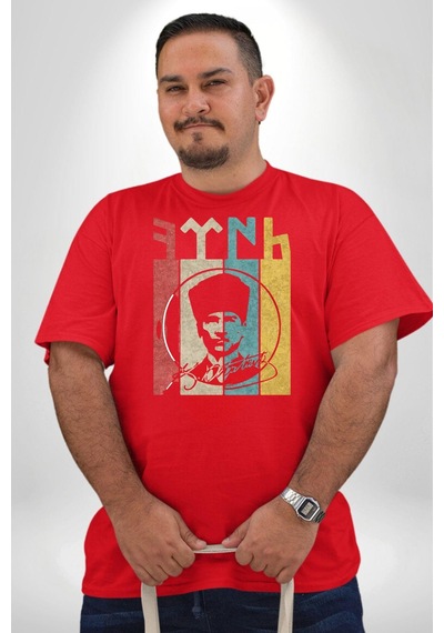 Angemiel Atatürk İmzalı Türk Logo Kırmızı Büyük Beden Erkek Kadın Unisex Basic Ön Baskılı Tişört Kırmızı