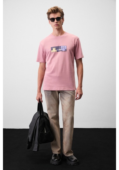 Grimelange Stone Erkek Yuvarlak Yakalı Önü Baskılı Pembe T-shirt