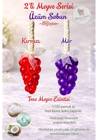 El Yapımı Üzüm Salkım Sabun İkili Set Kırmızı-mor Kurdelalı Karışık Meyve