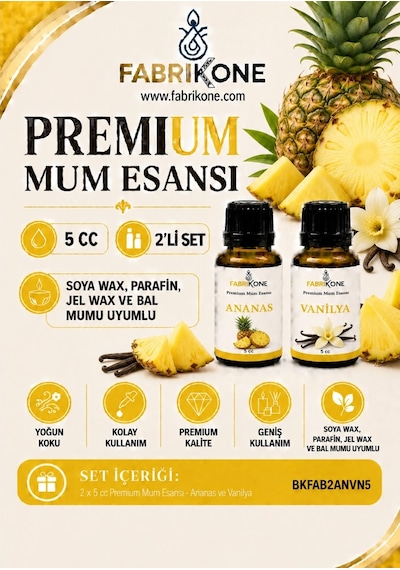 Premium Mum Esansı 5 Cc 2'li Set - Ananas, Vanilya - Soya Wax, Parafin, Jel Wax Ve Bal Mumu Uyumlu Bkfab2anvn5 Karışık