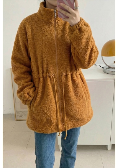Femelle Kadın Hardal Peluş Cepli İçi Astarlı Fermuarlı Ceket