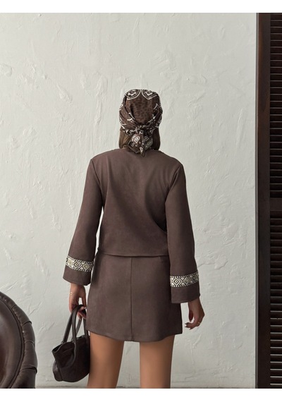 Verymoda Şerit Detaylı Scuba Süet Fermuarlı Ceket F1971 Kahve