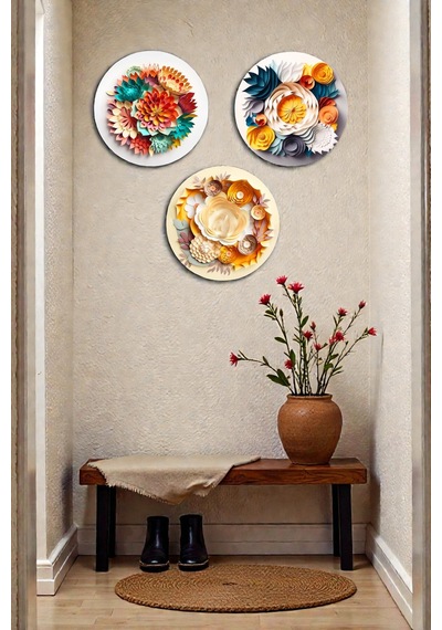 3 Parça Kabartmalı Estetik Çiçek Mdf Tablo Seti, Oturma Odası, Salon, Ofis, Ev Duvar Tablosu Dekoru