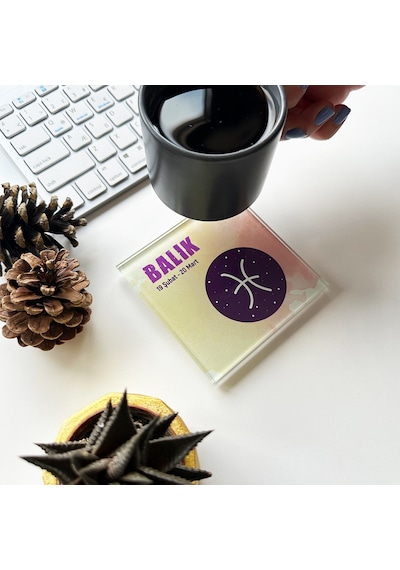 Decorita Cam Bardak Altlığı Burçlar - Balık Burcu 4'lü Takım Çok Renkli