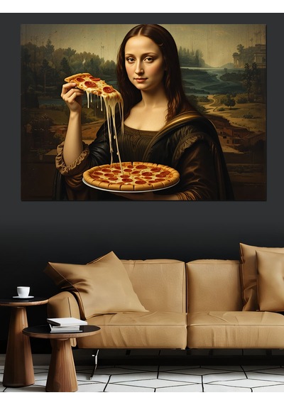 Pizza Yiyen Mona Lisa Dekoratif Kanvas - Mdf Ahşap Tablo
