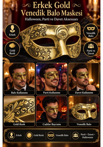 Erkek Gold Venedik Balo Maskesi Halloween Parti Maskesi Cadılar Bayramı Davet Kostüm Aksesuarı Diğer