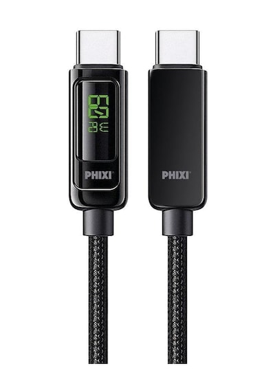 Phixi Ultimate Upd4160t 60w Lcd Ekranlı Metal Başlıklı Hasır Örgü Type-c To Type-c Hızlı Şarj Ve Data Kablo