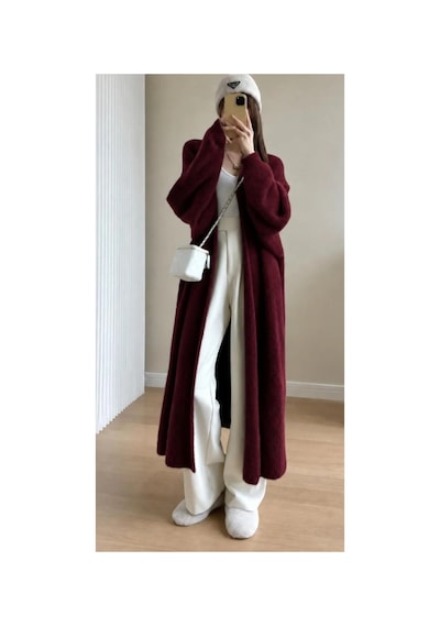 Aymiraa Kadın Oversize Uzun Triko Hırka Şal Yaka Bordo Bordo