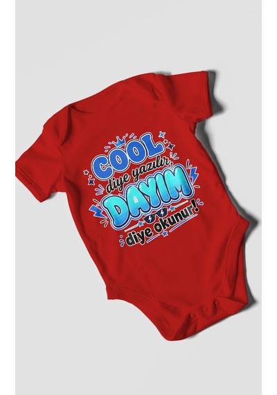 Morivokids Cool Diye Yazılır Dayım Diye Okunur Kısa Kollu Bebek Body %100 Pamuk Kırmızı