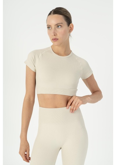 Maraton Slimfit Kadın Bisiklet Yaka Bej- Crop Top Bej-