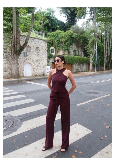 Kechi Woman Linda Twill Kumaş Boyundan Geçmeli Takım Bordo