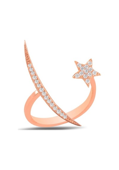 Gümüş Rose Zirkon Taşlı Üstten Ayarlamalı Ay Yıldız Yüzük