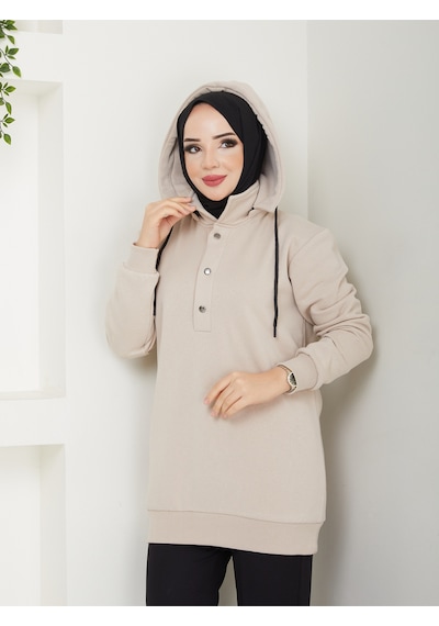 Raika Moda Kapşonlu 3 İplik Büyük Beden Tesettür Sweatshirt Bej