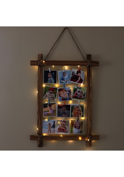 Ahşap Çerçeve Fotoğraf Çerçevesi Led Işıklı Ipli Renkli Mandallı Kahverengi