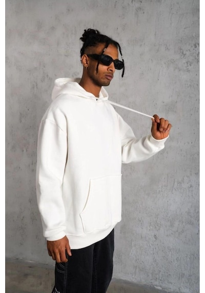 Erkek 3 İplik Pamuklu Kapüşonlu Cepli Düz Hoodie Sweatshirt - Beyaz Siyah