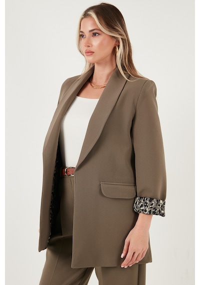 Lela Regular Fit Klasik Yaka Desenli Astar Detaylı Blazer Bayan Ceket 6839227 Haki
