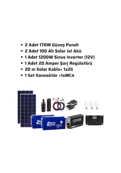 Mini Bağ Evi Solar Paketi 1200W İnverter 250W Güneş Paneli 2 x 100Ah Jel Akü