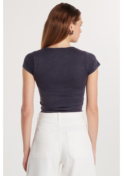 Tudors Kadın Slim Fit Dar Kesim Düz Basic Bisiklet Yaka Antrasit Tişört-33682 Antrasit