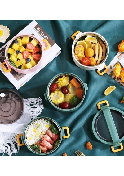 Bento 1800ml Lunchbox 3 Katlı Çelik Sefer Tası Pembe Çok Renkli