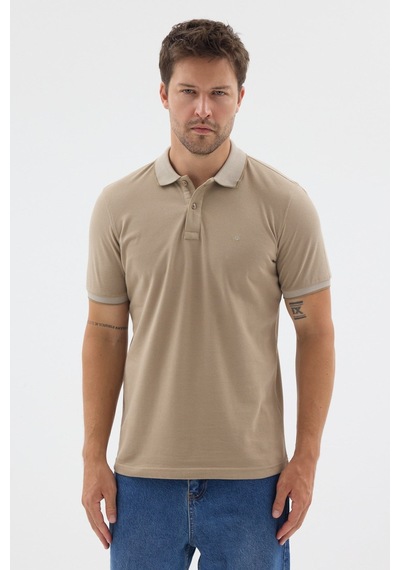 Bej Polo Yaka Pike Kısa Kol Slim Fit %100 Pamuk Tişört 1011260171 Koyu Bej