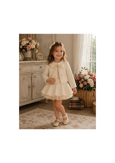 Ministok Ivory Elegance Kız Çocuk 3'lü Tüvit Takım Bluz, Ceket Ve Etek Ekru