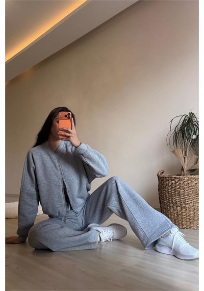 Neşeli Butik Kadın Fermuarlı Oversize Sweat Ve Yüksek Bel Eşofman Takımı Nm018 Gri Melanj