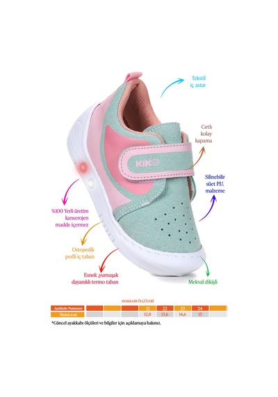 Kiko Kids Kugan Cırtlı Işıklı Kız Bebek Yürüyüş Spor Ayakkabı Su Yeşili - Pembe Su Yeşili - Pembe