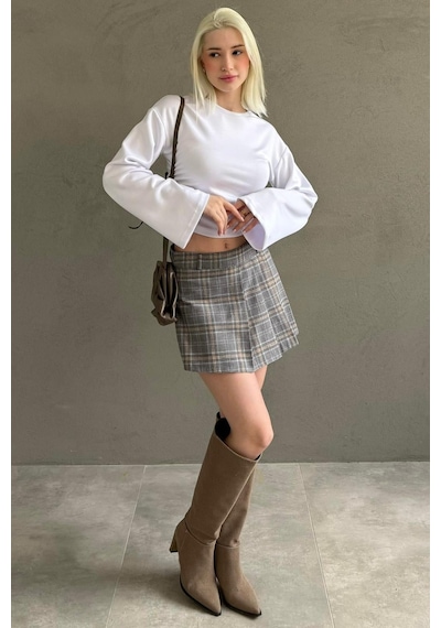 Madmext Gri %100pamuklu Ekose Desen Pileli Mini Şort Etek Mg2629 Gri