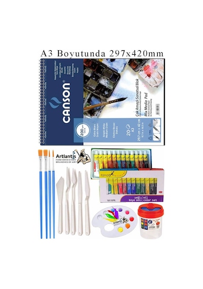 Canson Çok Amaçlı Sanatsal Blok A3 200 Gr 20 Yaprak 1 Adet Fanart 12 Renk Yağlı Boya Fırça Palet Spatula Fırça Temizleme