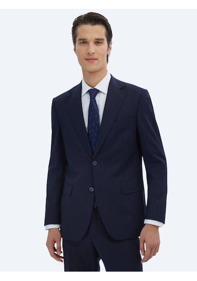 Kip Lacivert Çizgili Modern Fit Yün Karışımlı Takım Elbise Lacivert