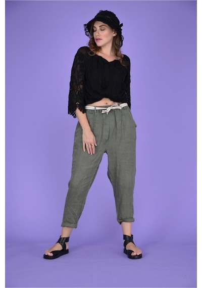 Bohem Stil Kadın Keten Havuç Pantolon-8603 Haki Yeşil Haki