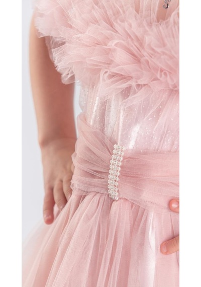 Mnk Baby & Kids Uzun Etek Kız Çocuk Robası Şifon Abiye M00723 Pudra