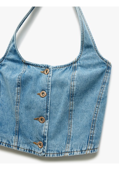 Koton Halter Yaka Düğmeli Dar Kesim Kolsuz Crop Denim Üst Açık İndigo 5sal30002md Açık Indigo Koton Halter Yaka Düğmeli Dar Kesim Kolsuz Crop Denim Üst Açık İndigo 5sal30002md Açık Indigo