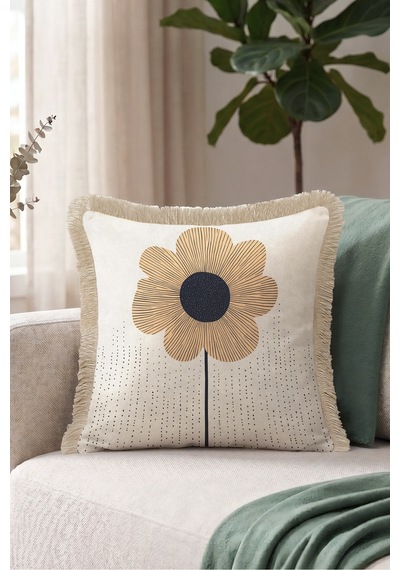 Çiçek Botanik Saçaklı Yastık Kılıfı - Minimal Floral Bohem Bej Siyah Vizon Püsküllü Kırlent Kılıfı Siyah